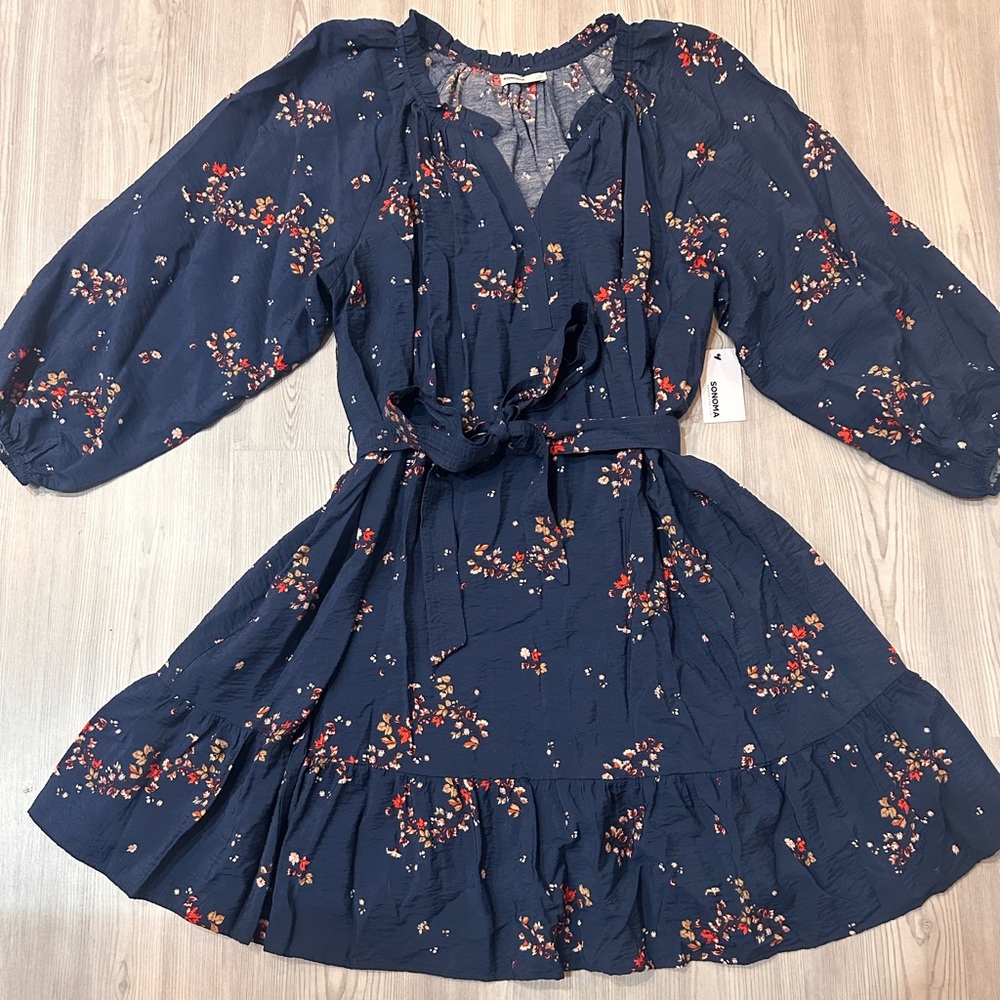 Sonoma Navy Floral Belted Split Neck Ruffle Dress
